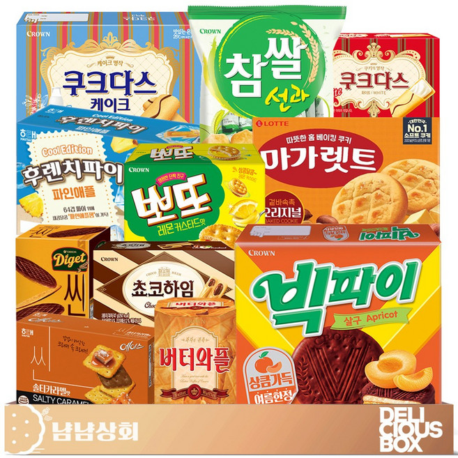 [냠냠상회] 빅파이 살구+후렌치파이 파인애플+뽀또 레몬커스터드+에이스 씬 솔티카라멜+마가렛트+버터와플+쵸코하임+쿠크다스+참쌀선과등 실속 사무실 간식 과자세트, 1세트, 11p