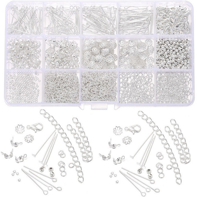 15칸 비즈 스트랩 악세사리 만들기 부자재세트 (랍스터고리 0링 누름볼 구자핀 모음), 화이트실버, 1개