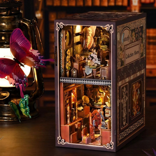 魔法時間圖書館diy小屋書立玩具擺件手工拼裝模型小房子積木禮物, 1個, 蝴蝶收藏室YM03:1盒, 1片