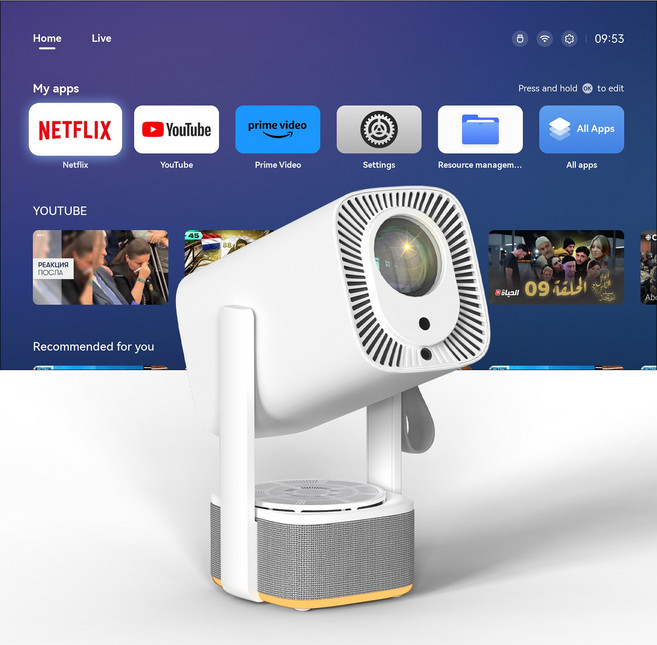 安卓 TV 智能雲臺投影儀 內置 Chromecast 家用高清便攜家庭影院, 白色:美規