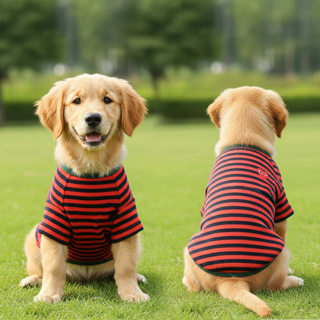 강아지옷 티셔츠 스트라이프티셔츠 강아지면티 순면티 반려동물옷 강아지옷 고양이옷, 1개, 하트 레드