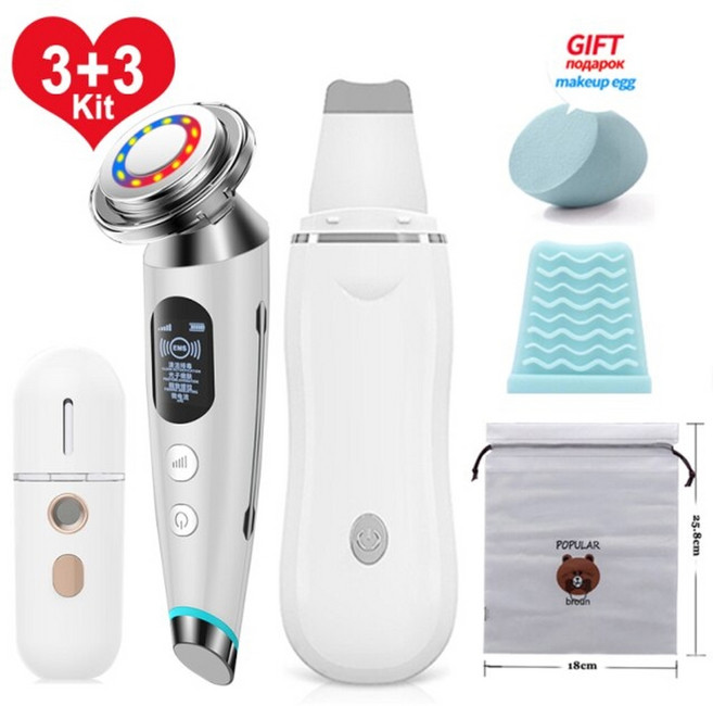 가정용 고주파 마사지기 바디 얼굴 각질 제거기 피부 탄력 리프팅 초음파 스킨 스크러버 페이스 마사지 블랙 헤드 리무버 3+3 키트 페이스 클리너 모공 클리너 딥 페이스 케어, 스타일 7