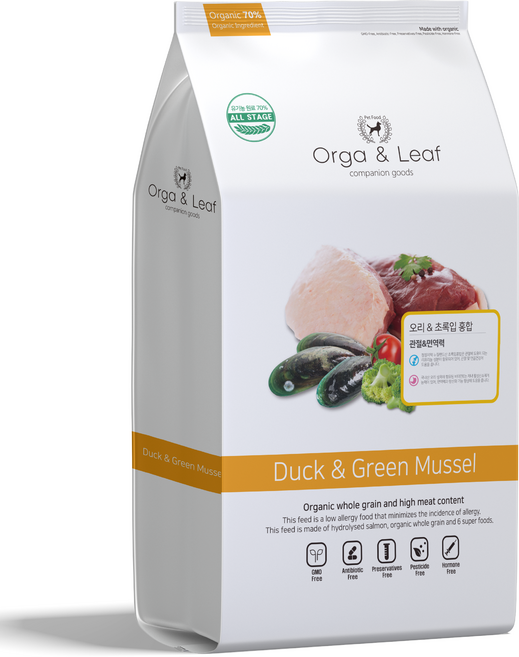오가앤리프 애견 유기농 가수분해 알러지 눈물 관절 피부 강아지 사료 오리&초록입홍합, 오리, 1.8kg, 1개