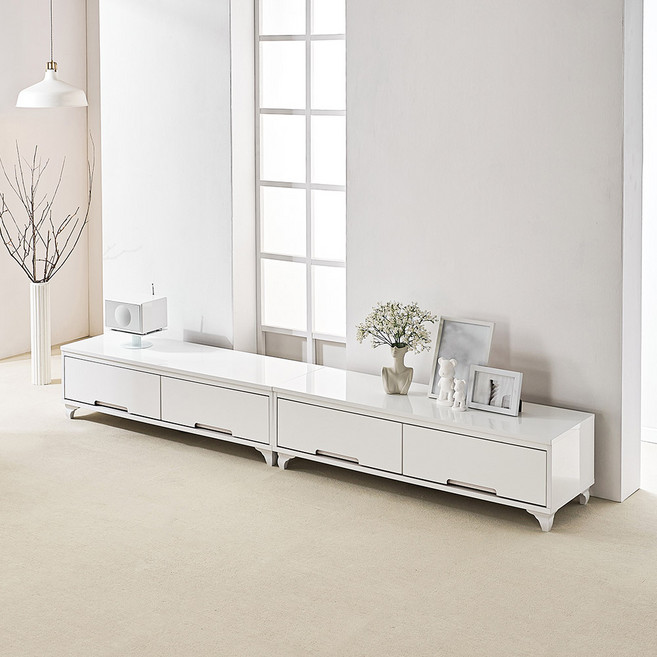 플레인 2400 UV하이그로시 도장 유광 거실장 85인치 TV 다이 장식장 선반 티비장 문갑, 화이트상판,화이트서랍