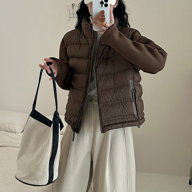 패딩 점퍼 믹스 원단 하이넥 여성 경량패딩 아우터