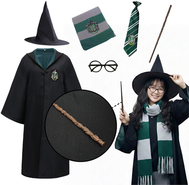 [청춘교복] 고퀄리티 해리포터 헤르미온느 지팡이 6종세트 로브+머플러+자동로고타이+안경+지팡이+모자 코스프레 할로윈 마법사 졸사 졸업사진