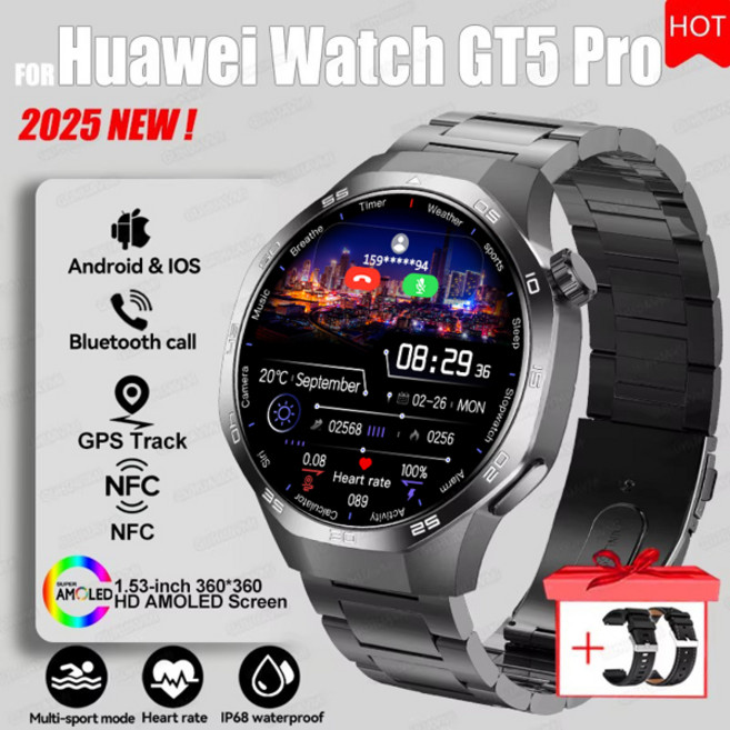 2025 화웨이 GT5 Pro GPS 트랙 스마트워치 남성용 360*360 AMOLED 스크린 NFC BT 통화 방수 건강 모니터 남성 스마트워치, [00] NFC Watch 5 Pro, [00] Black Steel 2A