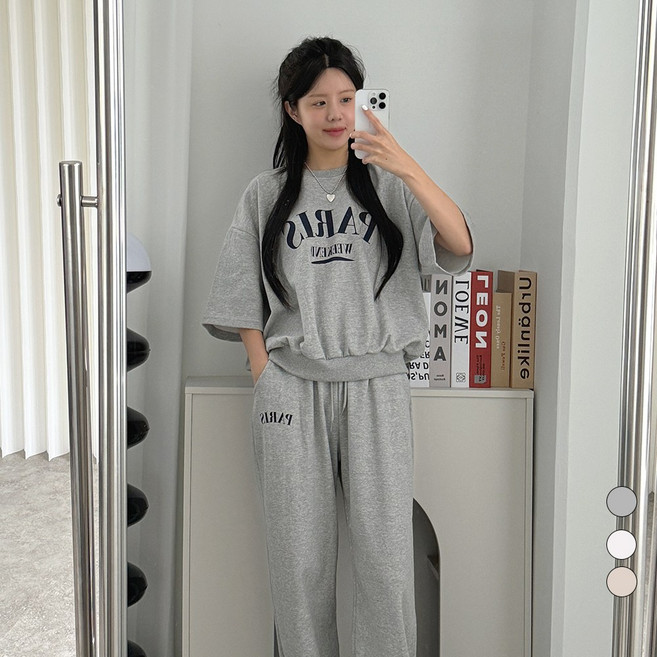 디테일웨어 여성 파리스 반팔 긴바지 트레이닝세트 캐주얼 와이드 밴딩팬츠 빅사이즈 임부복 홈웨어 간절기 운동복 츄리닝