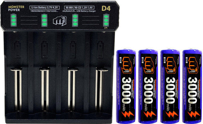 몬스터파워 18650 배터리 4개 4구 충전기 1개 세트 C타입 3000mAh