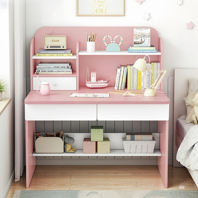 컴퓨터 책상 학생 공부책상 글쓰기책상 1인용 책장포함 다기능 책상, 핑크
