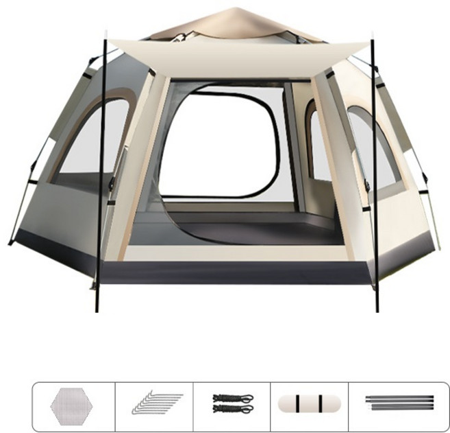Zebeer 자동 원터치텐트 방수매트 세트 대형 방수 텐트 육각 돔텐트 5-6인용, 아이보리