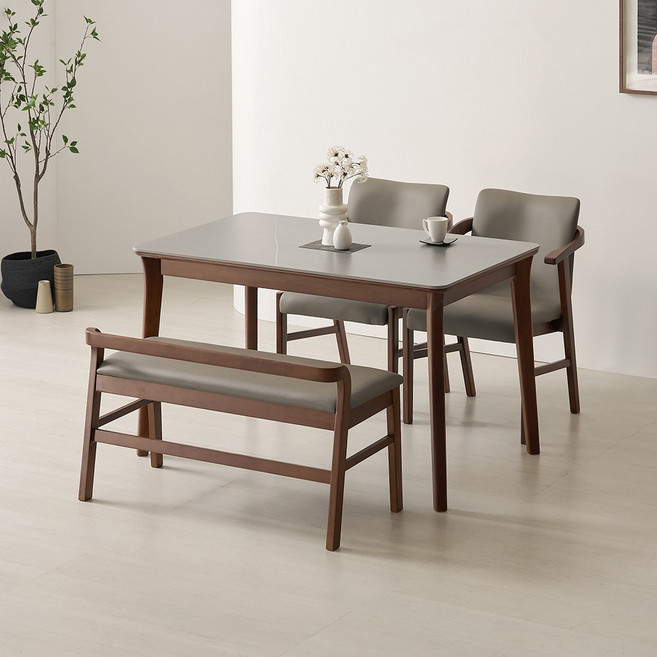 라로퍼니처 위니 1250 포세린 통 세라믹 4인 고무나무 원목 식탁 세트, 그레이, 식탁+의자2+벤치1