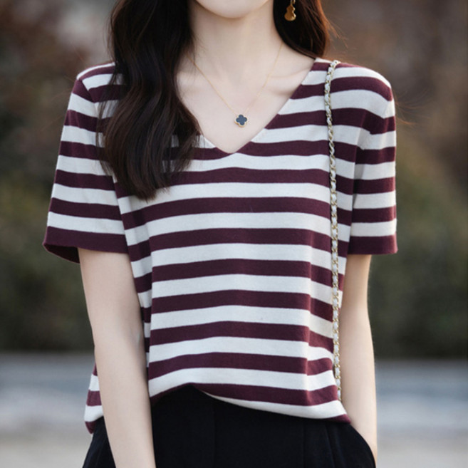 여성용 썸머 브이넥 반팔 니트 티