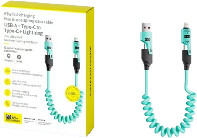 倍魔 65W 彈簧伸縮快充數據線 USB-A + Type-C to Type-C + Lightning 1.5米 【藍色】, 1個, 彈簧四合一, 藍色, 1.5m