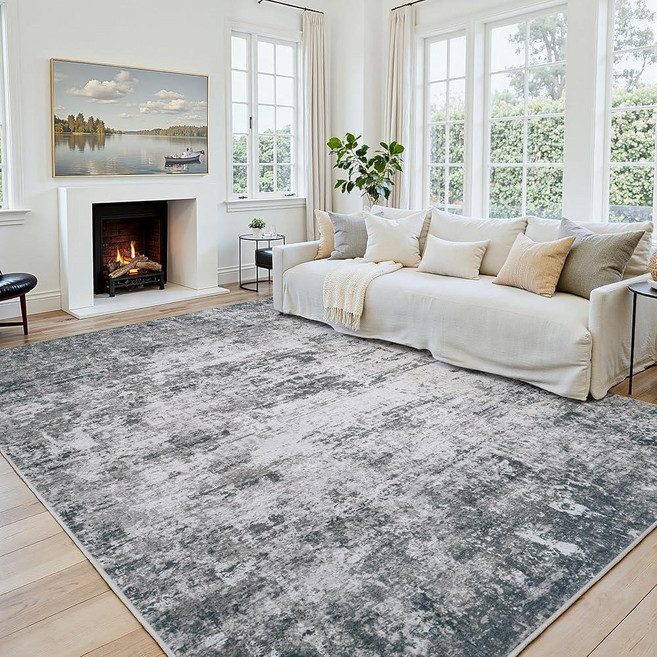 Area Rug 8x10 Living Room Rug Washable: No-Slip Abstract Soft Thin Large Gray White Rugs Indoor F