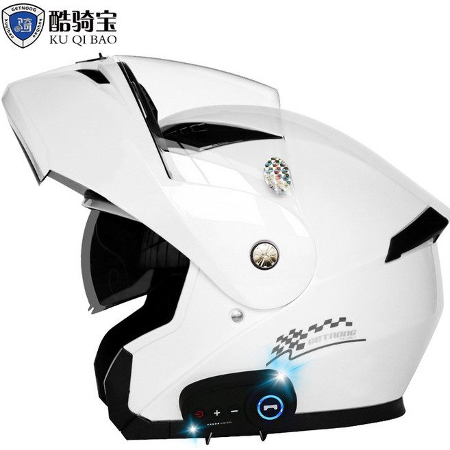 酷騎寶 雙鏡片藍牙揭面盔 摩托車安全帽, 純白(帶K10藍牙)