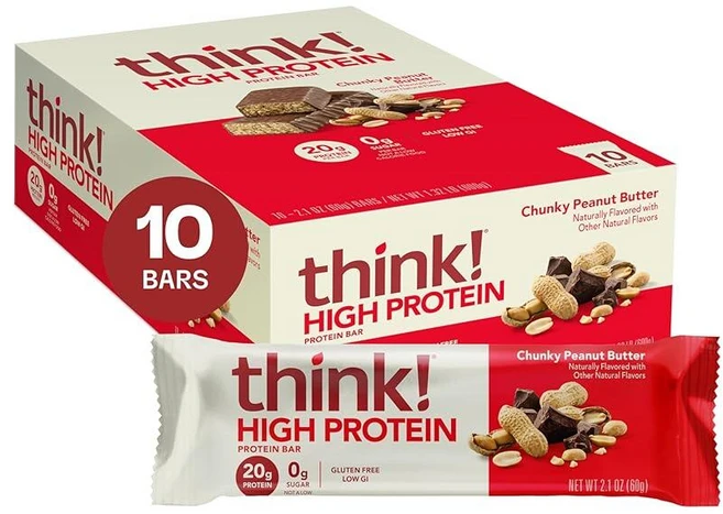 Think! 단백질 바 고단백질 스낵 글루텐 프리 코셔 친화적 청키 땅콩 버터 영양 바 바 당 59.5g(2.1온스) 10개입 (포장은 다를 수 있음), 60g, 1 - 쿠팡