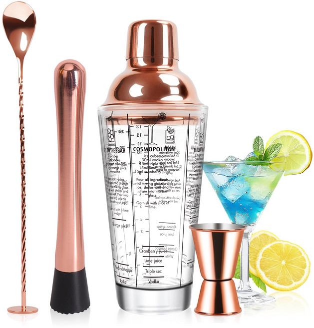 SAVORLIVING 14oz Glass Cocktail Shaker Set 4PCS Bartender Kit Martini Mixer Shaker with Built-i, 1개, 로즈 골드