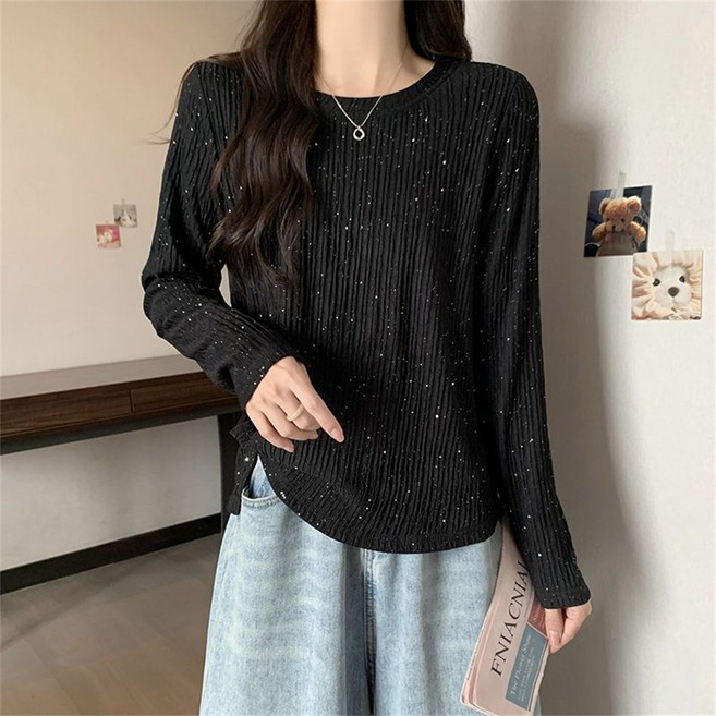 TKX 여성용 주름 긴팔 티셔츠 캐주얼 기본 스타일 봄 가을 반짝이 장식 편안한 데일리 웨어 K53
