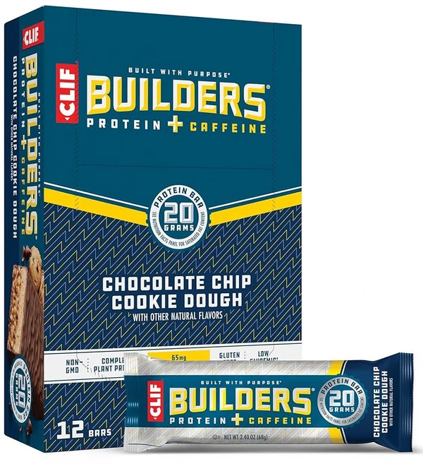 CLIF Builders + 카페인 - 초콜릿 칩 쿠키 반죽 맛 - 단백질 바 - 글루텐 프리 - GMO 프리 - 저혈당 - 단백질 20g - 68g(2.4온스) (12개) - 쿠팡