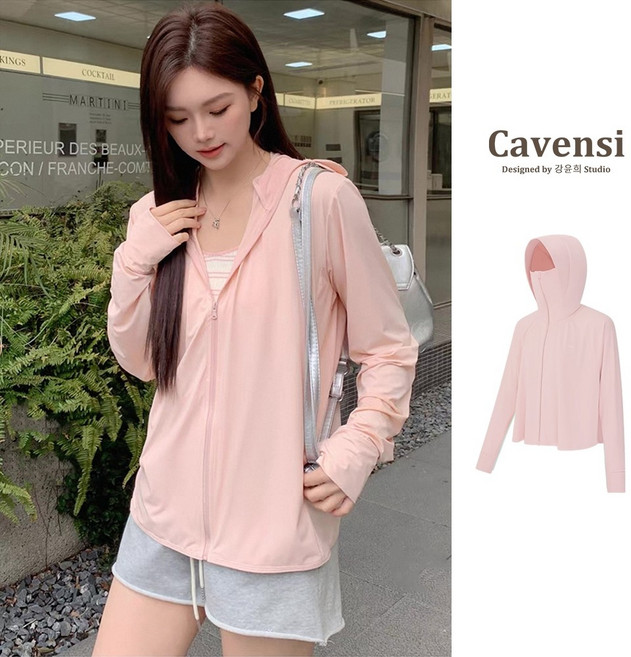 Cavensi 加大涼感防曬外套女 UPF50連帽冰絲抗UV A283, 甜美粉色,L（建議50-60公斤）
