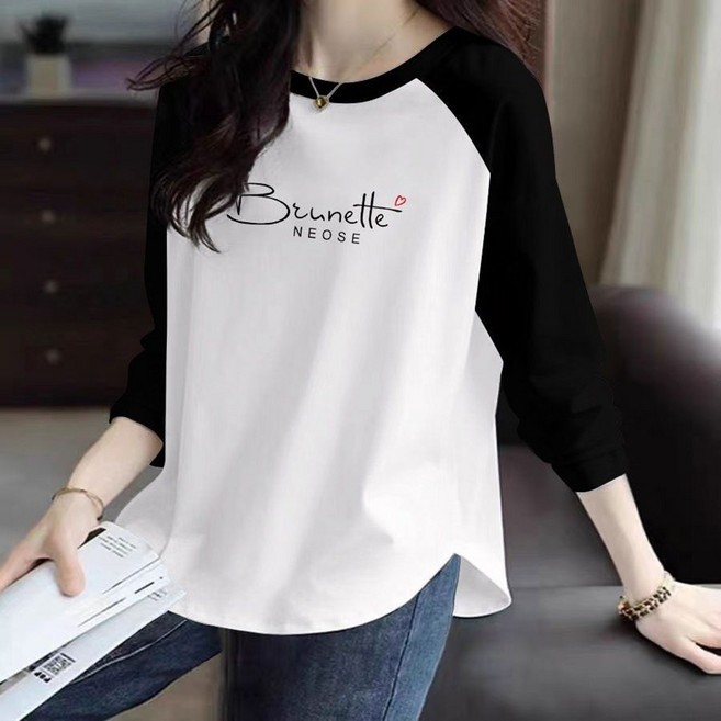 ROYALBELLE 여성 배색 나그랑 라운드넥 프린트 코튼 루즈핏 언밸런스 긴팔 데일리 티셔츠 V01020121