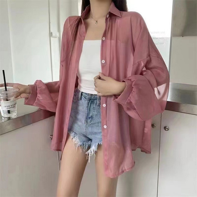 韓版休閒寬鬆薄款微透長袖防曬外套, 粉色