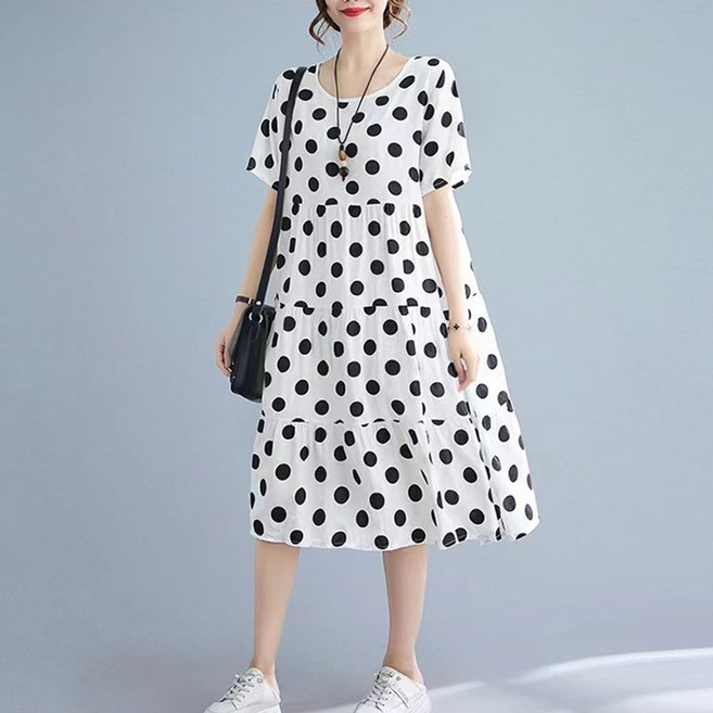 ORZQU 여성 여름 루즈핏 패션 빅사이즈 기질 날씬해 보이는 미디 쉬폰 도트 반팔 원피스