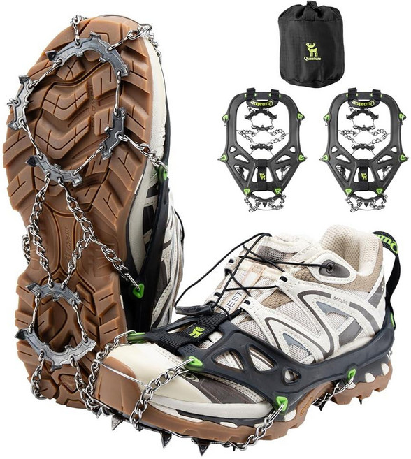 QUNATURE Crampons 신발 및 부츠용 아이스 클리트 아이스 클리트 트랙션 스노우 그립 남성 여성 22 미끄럼 방지 스테인리스 스틸 스파이크 하이킹 등산 낚시 등산