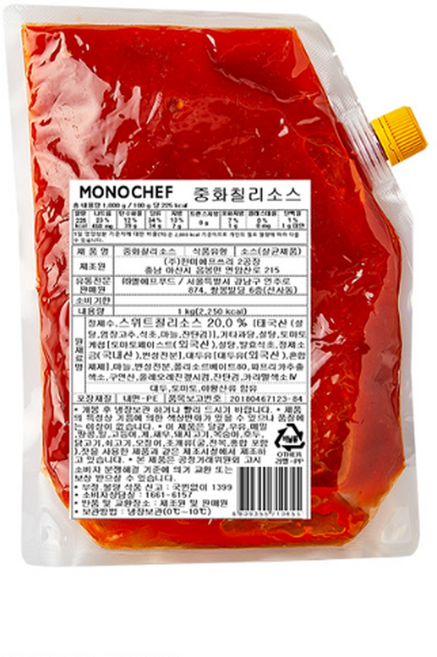 중화칠리소스 1kg 매콤달콤 멘보샤 깐풍기 탕수육 오징어튀김 감자튀김 딥핑소스 유린기, 1개