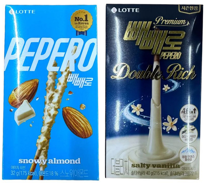 롯데 두바이 리치 빼빼로 40g + 스노위아몬드 32g 혼합세트 프리미엄 초코스틱 과자 선물, 1세트