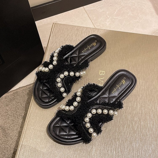 Krismile여자 진주 수술 슬리퍼 발 편한 낮은굽 꼬임 여름 샌들