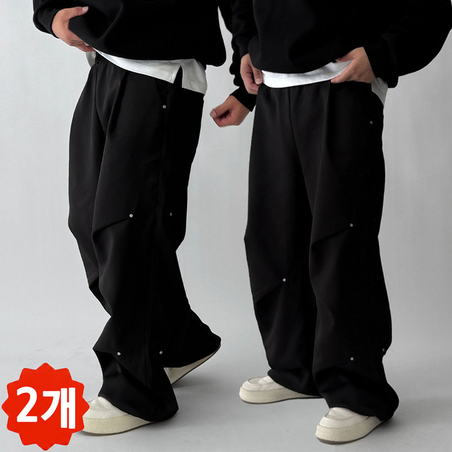 [1+1/가성비템] 두장묶음 파라슈트 리벳 밴딩 스트링 와이드 조거 벌룬핏 팬츠
