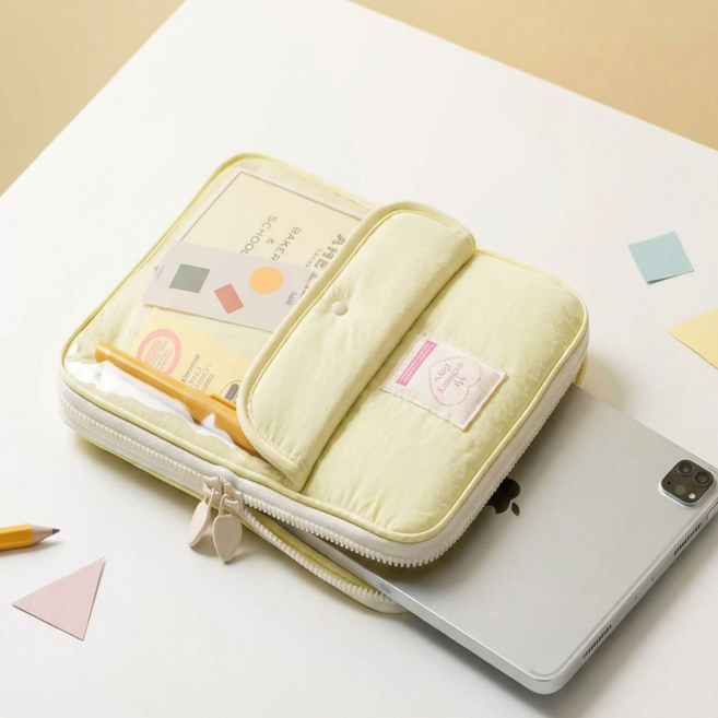 샵토피아 태블릿 파우치 아이패드 갤럭시탭 멀티수납 케이스, 크림옐로우, 1개