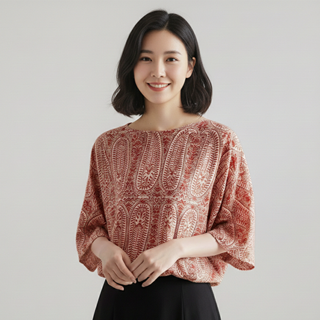 데일로엔 여성 패턴 휴양지룩 뒷트임 리본 가오리핏 7부 블라우스