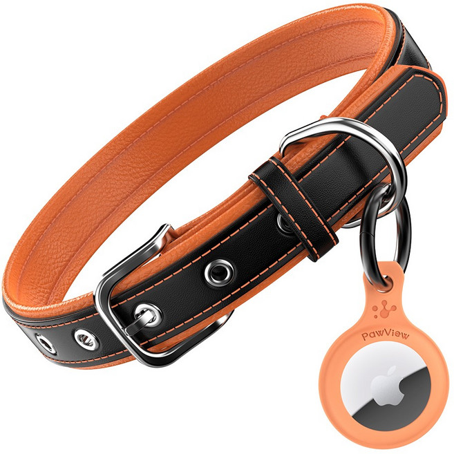 포뷰 튼튼한 소가죽 강아지 목줄 + 에어태그 게이스, 1세트, 오렌지+오렌지