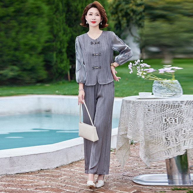中年媽媽初秋裝套裝 洋氣中老年女七分袖小衫 闊腿長褲兩件套