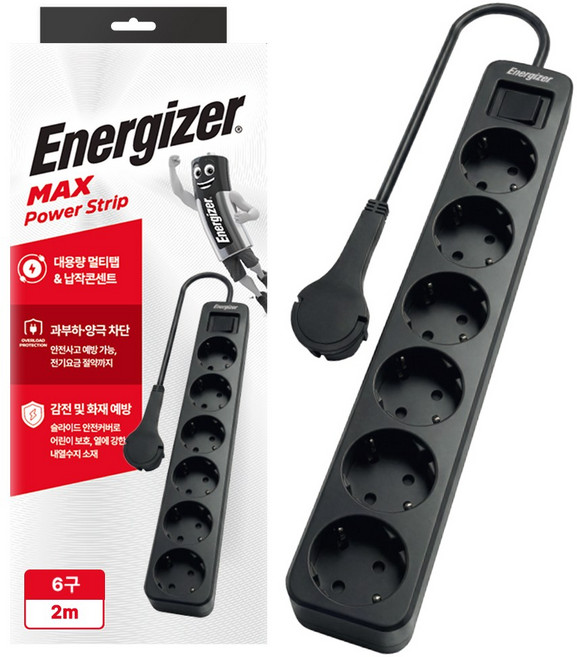 에너자이저 4000W 고용량 과부하차단 납작 멀티탭 6구 콘센트, 블랙, 1개, 2m