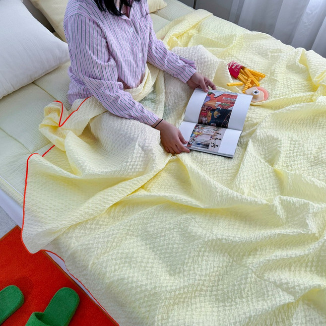 온기브 키치라인 홑이불 냉감 시어서커 여름 얇은 이불 (SS/Q), 옐로우