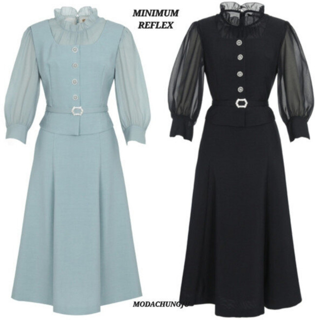 미니멈 MD 하이넥 쉬폰 배색 벌룬소매 플레어원피스 MD MXCAWO7460 M_CJ