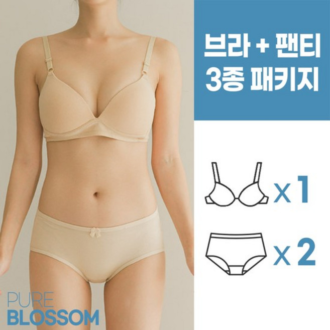 [퓨어블라썸] [3종세트] 코튼 트라이 앵글 노와이어 브라1+팬티2 세트/빅사이즈