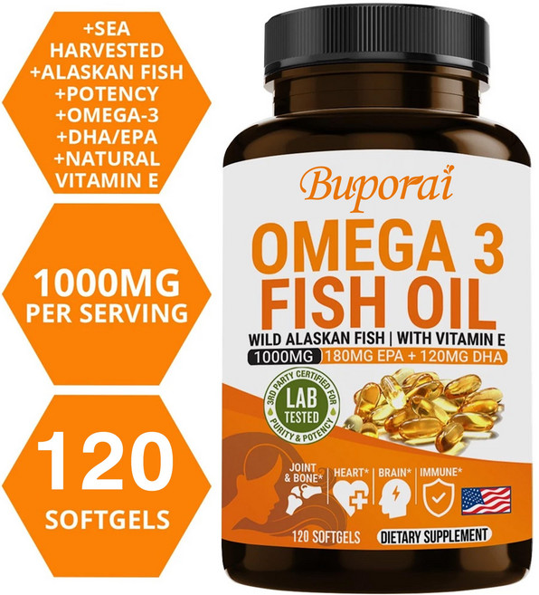 오메가 3 어유 1000mg 보충제 - 비타민 E 오메가 3 지방산 EPA DHA 항산화제, 1개, 60정