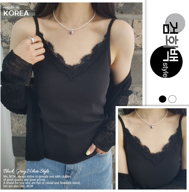 검회백스타일 여성용 국내제작 레이스 니트나시 골지소재 민소매 끈나시 사계절 레이어드 무지 나시티셔츠