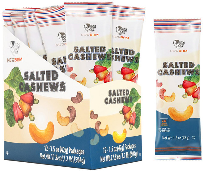 뉴밤 가볍게 소금에 절인 캐슈 개별 팩 - 12개의 스낵 구운 견과류각 1.5온스 케토 글루텐 프리 트레일 믹스 사무실 또는 파티를 위한 간식 제로 슈가
