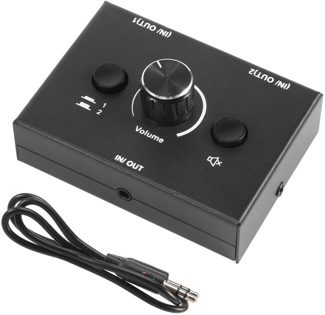 3.5mm 오디오 스위처 2입력 1출력/1입력 2출력 오디오 분배기 스위처 오디오 스위처 박스 원키 음소거 버튼, 검은색