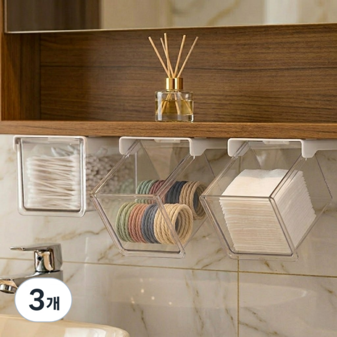 유니데이 무타공 슬라이딩 히든 수납 서랍, 3개, 투명