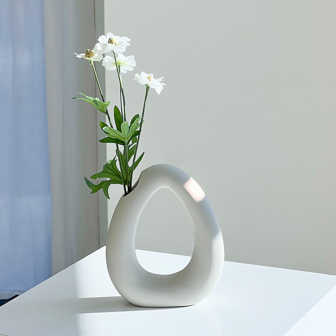 VITALO 심플 매트링 화병 세라믹 오브제 화병 도자기 인테리어 감성 소품 꽃병, WH_화이트