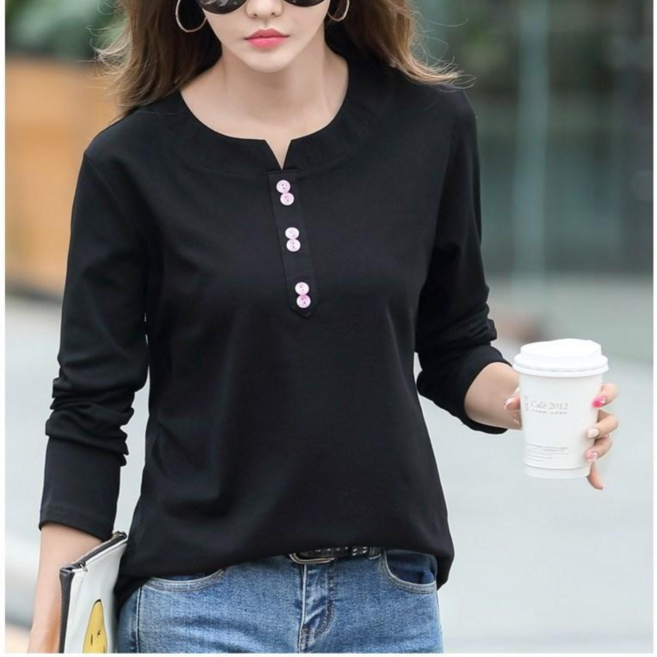 체인지쉬(change she) 여성 라운드넥 심플 버튼 포인트 여성 긴팔 면티셔츠