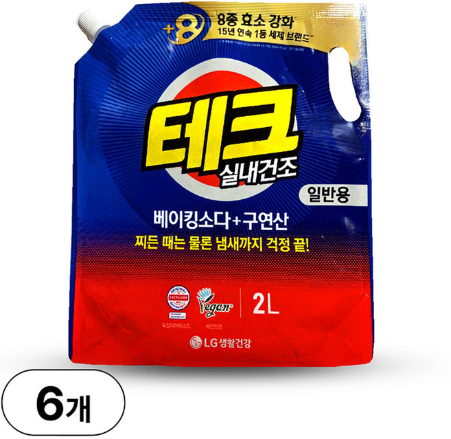 테크 베이킹소다 플러스 구연산 실내건조 액체세제 일반 리필 2L 6개