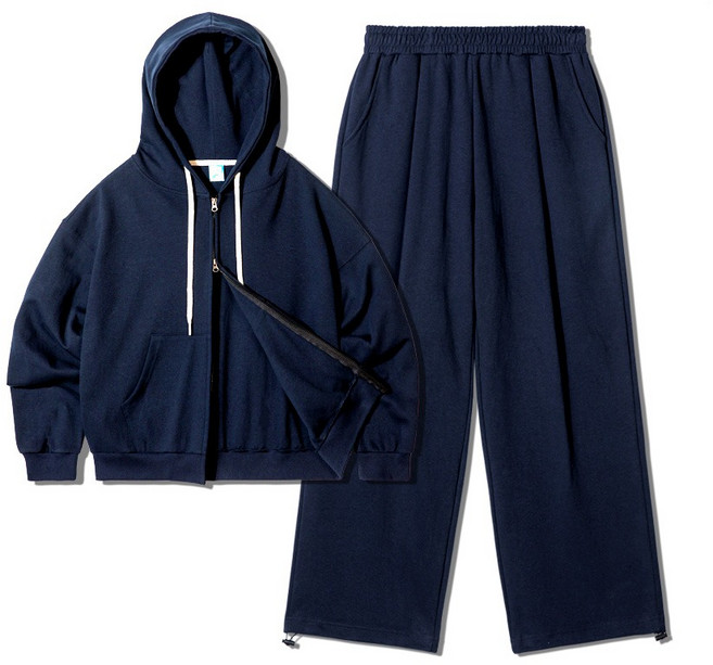 투웨이 오버핏 후드집업 + 원턱 투웨이 스트링 트레이닝 팬츠 세트- 네이비